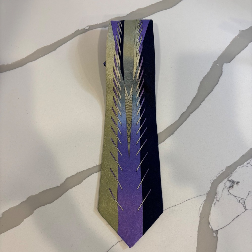 Vitaliano Pancaldi Silk Tie Italy Purple Navy Green Geometric Chevron Luxury